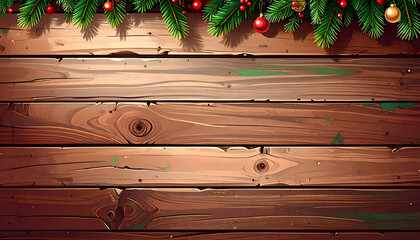 Rustic Wooden Background Adorned with Festive Greenery and Ornaments for Holiday Decor