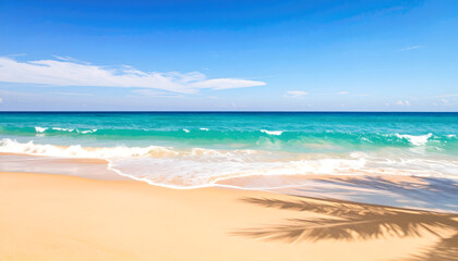 Serene Beach Scene with Turquoise Waves and Golden Sand Under a Bright Blue Sky