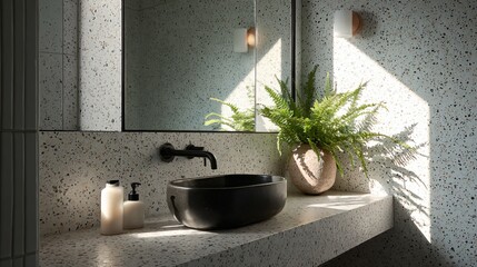 Modern bathroom interior design with terrazzo surfaces, black sink, fern and natural light creates a relaxing spa atmosphere for your home or boutique hotel