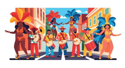 Vector art of dancers and musicians celebrating a lively street carnival in Brazil, featuring samba costumes, drums, and festive energy inspired by Rio de Janeiro culture