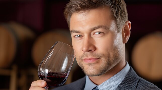 Man Tasting Red Wine in Cellar
