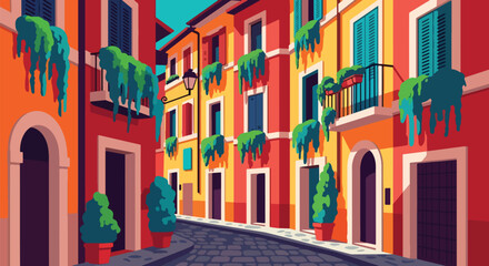 Vector art of a charming Italian alley with colorful buildings, balconies, and hanging plants, evoking Mediterranean architecture, travel, and romantic old-town atmosphere