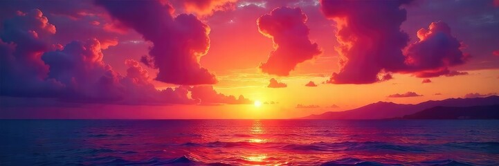 Vibrant Hawaiian sunset paints the sky with fiery oranges, pinks, and purples, reflecting on the calm ocean Perfect for travel, vacation, or nature themes , vibrant, idyllic