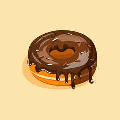 Delicious donut covered with melted chocolate glaze and soft texture, perfect for dessert posters, cafe ads, and sweet product packaging. Cute Flat Illustration.