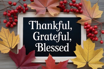 Thankful, grateful, blessed message with autumn leaves