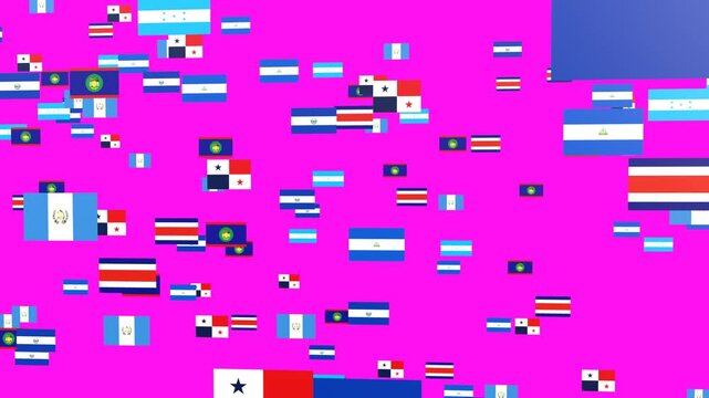 Central American Countries Flag Compilation, Vibrant Pink Background Flying Forward Motion, Regional Economic Development and Tourism Promotion Concept