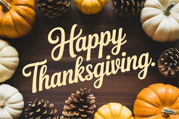 Happy thanksgiving text with pumpkins and pine cones