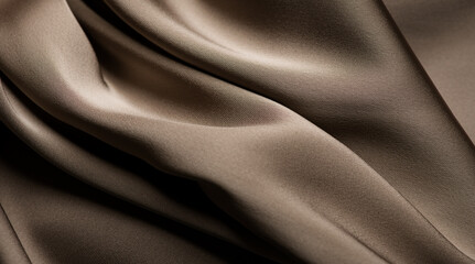 Silk, satin drapery background. Dark grey, brown color silk background, folds, texture of beautiful dark beige satin fabric close-up. Beautiful abstract smooth backdrop 
