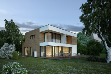 Moderne Villa mit Holzelementen am Abend