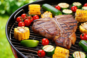 A Mouthwatering T-Bone Steak Grilling on a Barbecue with Corn, Zucchini, and Tomatoes, Showcasing Outdoor Cooking and Summer Grilling Delights in a Lush Green Setting