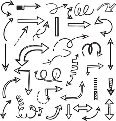 Collection of diverse hand drawn arrow doodles and symbols in various shapes and directions on a white background