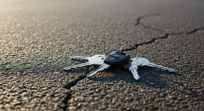 Lost keys and car fob lying on a cracked asphalt road
A low-angle, dramatic shot of a small bunch of silver-colored keys on a ring with a dark key fob, lying directly on a cracked and textured asphalt