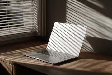 Closed silver laptop on wooden desk with soft sunlight through blinds, symbol of pause and digital detox.