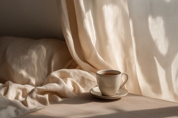 Cup of tea near window with soft curtains and sunlight, cozy neutral tones and peaceful morning atmosphere.