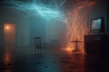 Decayed vintage room with futuristic neon wires and holographic particles