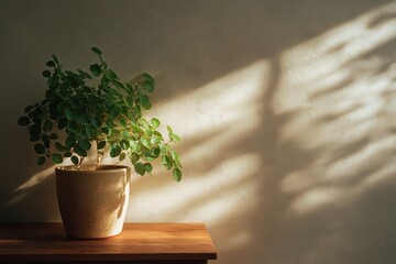 Potted green plant on wooden table with warm morning sunlight and calm natural shadows.