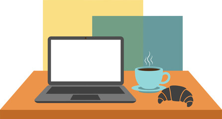Fototapeta premium A laptop, coffee, and croissant on a desk represent a workspace, possibly indicating stress, depression, or the need for a break from work-related pressures.