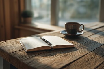 Notebook and pen with coffee cup on wooden table in warm morning light.
