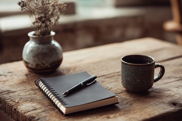Notebook and pen with coffee cup on wooden table in warm morning light.