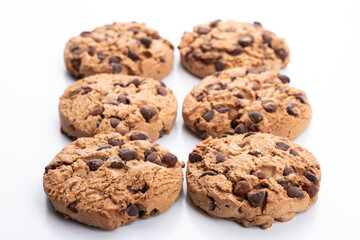 group of chocolate chip cookies on a white background