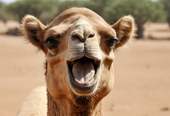 Fototapeta premium A close-up of a camel with its mouth open, appearing to smile or make a funny expression in a desert environment.
