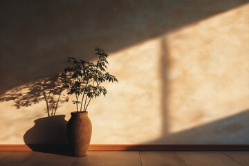 Small plant in ceramic pot with sunlight and clear shadow, calm interior and warm daylight.