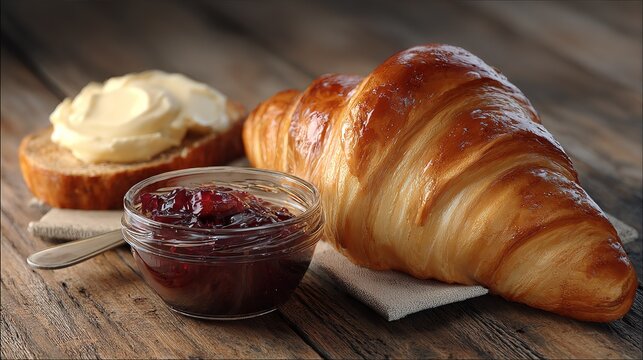 A golden brown croissant sits on a napkin next to a glass bowl of berry jam and a slice of bread spread with butter on a rustic wooden surface