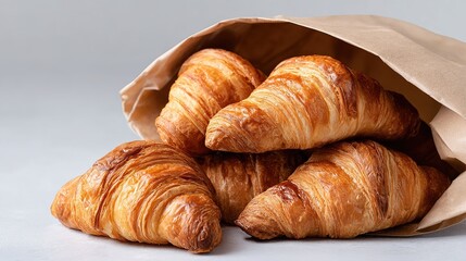 A brown paper bag filled with golden brown flaky croissants on a neutral background