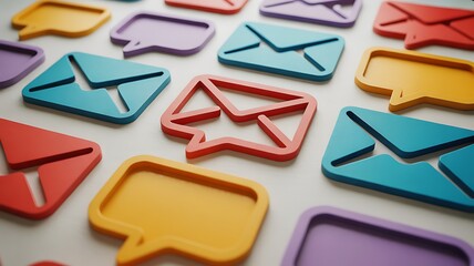 A collection of abstract, colorful email and message icons (simple envelopes, speech bubbles) neatly arranged, representing digital correspondence