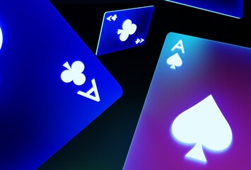 Glowing casino cards game on dark black background - 3d render. Flying cards for online casinos and mobile gambling applications, poker - winner, wealth concept