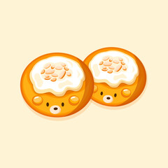 Adorable round cookies with bear faces and golden crust, ideal for bakery branding, cafe menus, or children’s snack packaging. Cute Flat Illustration.