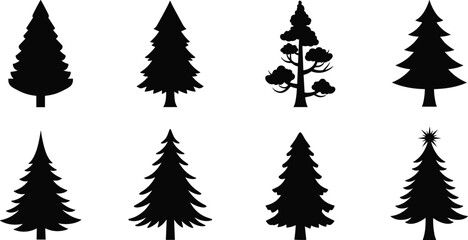 Evergreen tree silhouette vector set, conifer forest icons, pine fir spruce cedar shapes, nature illustration for design, botanical graphic elements