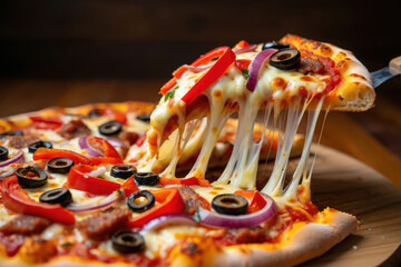 A Mouthwatering Slice of Pizza with Melted Cheese, Red Pepper, and Black Olives Being Lifted, Showcasing the Delicious Toppings and Cheesy Texture