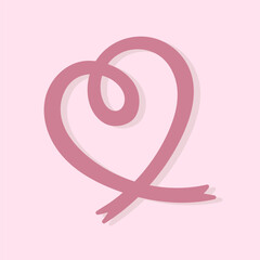 Pink awareness ribbon heart shape. Breast cancer month. Vector illustration, flat design