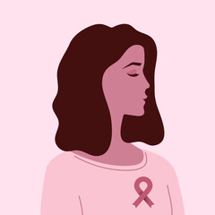Woman's profile. Breast cancer month. Pink october. Vector illustration, flat design