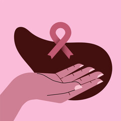 Gesture open hand with pink awareness ribbon. Breast cancer month. Vector illustration, flat design