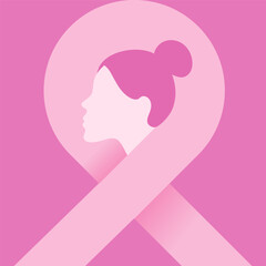 Pink awareness ribbon with woman profile. Breast cancer month. Vector illustration, flat design