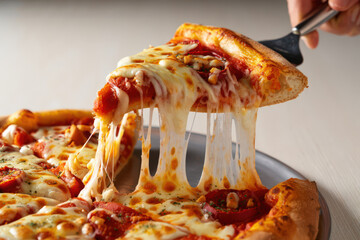 A Mouthwatering Slice of Pizza Being Lifted, Showcasing Melted Cheese and Delicious Toppings, Perfect for a Quick and Satisfying Meal with Pepperoni