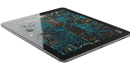 Sleek digital tablet, ultra-thin bezel, matte aluminum, glossy screen with intricate circuit board, isolated on transparent, advanced technology concept.