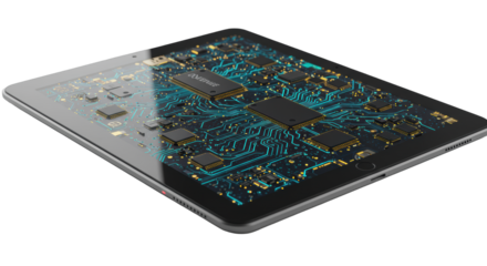 Sleek digital tablet, ultra-thin bezel, matte aluminum, glossy screen with intricate circuit board, isolated on transparent, advanced technology concept.