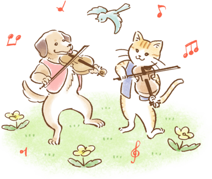 水彩タッチで描いた犬と猫のバイオリン演奏のイラスト