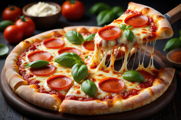 A Mouthwatering Slice of Pepperoni Pizza Being Lifted, Showcasing Melted Cheese, Fresh Basil, and a Crispy Crust on a Wooden Board, Perfect for a Delicious Meal