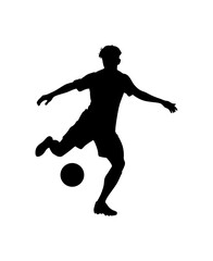 Silhouette of a soccer player kicking a ball in mid action on a white background