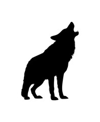Silhouette of a wolf howling at the moon against a stark white background