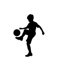 Silhouette of a young boy skillfully juggling a soccer ball with his foot on a white background