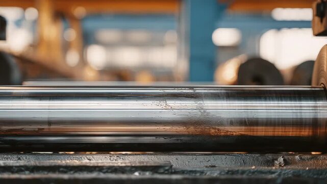 128Close-up of massive steel rollers in an industrial machine, polished metal surfaces reflecting light, fine dust particles and grease marks adding texture