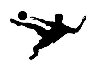 Dynamic silhouette of a soccer player performing a bicycle kick with the ball