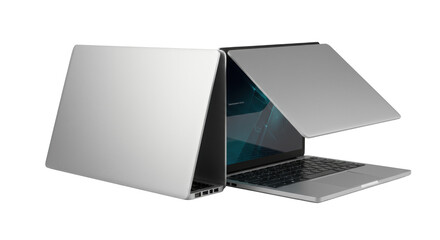 Two modern silver laptops, one closed, one open, on a transparent background, showcasing brushed aluminum, vibrant screen with futuristic interface, and backlit keys. Cutting-edge technology concept