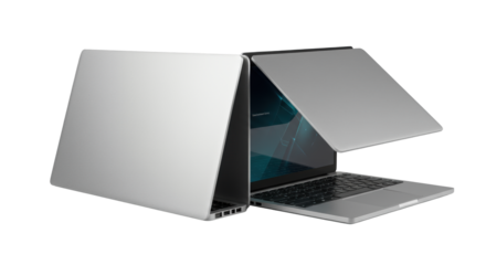Two modern silver laptops, one closed, one open, on a transparent background, showcasing brushed aluminum, vibrant screen with futuristic interface, and backlit keys. Cutting-edge technology concept
