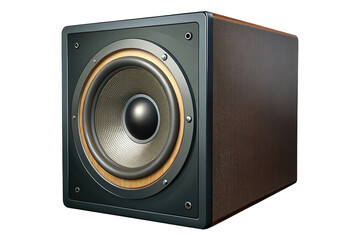 Fototapeta premium Illustration of a powerful square audio subwoofer speaker with a textured wooden cabinet and a prominent central cone, isolated on transparent background